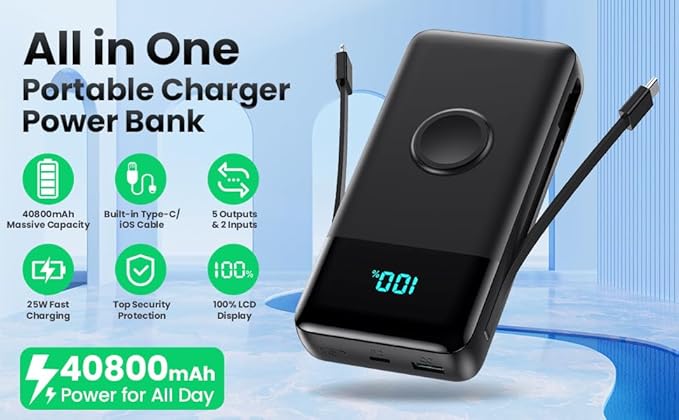 Portable Charger 40800mAh for iPhone with Built-in Cable and iWatch Charger, 25W PD Fast Charging USB C Power Bank,Travel Camping Essentials Battery Pack for iPhone 17/16/15/14/13,Android,Apple Watch