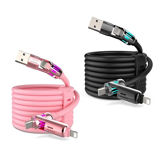 MFish 240W 4-in-1 Universal USB Charging Cable [2 Pack, 6.6ft] – Fast Charger Cord with USB-A, Dual USB-C & Lighting, for iPhone 14/15/16/17 Series, iPad & MacBook & More (2PACK, Black+Pink, 6.6Ft)