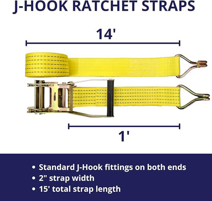 12 Pack 2" x15' Ratchet Strap Tie Down 5000LB J Hook