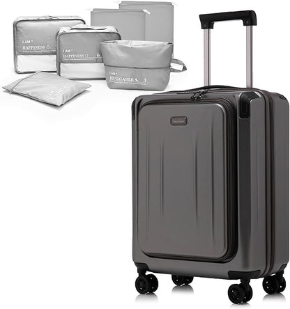 Premium Carry On Luggage, 20 Inch Top Opening Aluminum Frame Lightweight Airline Approved ABS+PC Hard Shell Suitcases with Silent Wheels, TSA Lock, Front Pocket and Wet-dry Separated Six-piece Set