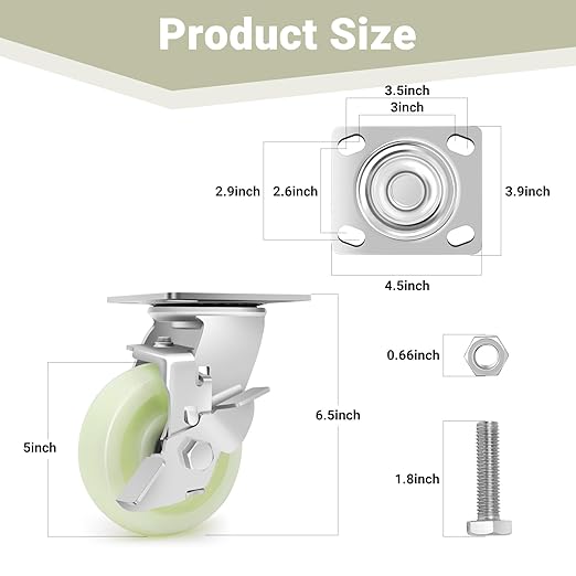 W B D WEIBIDA Heavy Duty Caster Wheels 5 Inch - 3500 LBS, PP Plate Castor Set of 4 with Double Ball Bearings, Non-Marking Quiet Industrial Swivel Casters for Hand Trucks, Carts, Industrial Equipment