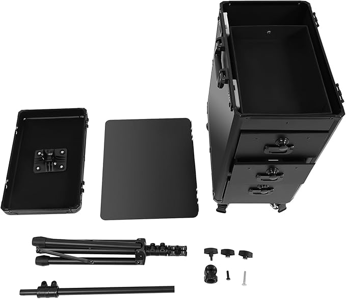 Rolling Makeup Train Case with Tattoo Armrest Stand, Tattoo Travel Case with 3 Drawers & Wheels, Portable Tattoo Station with Metal Panel for Makeup Artists, Estheticians & Crafters