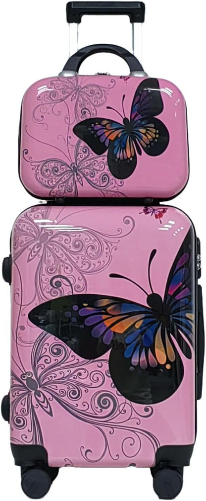 Stylish ABS+PC Material Luggage Set Butterfly Printed 4Pcs Set 14"+20"+24"+28" Suitcased for Family Travel and 2Pcs Set 14"+20" Cabin Size Trolley Bag with Silent 360° Spinner (Pink, 14+20inch)
