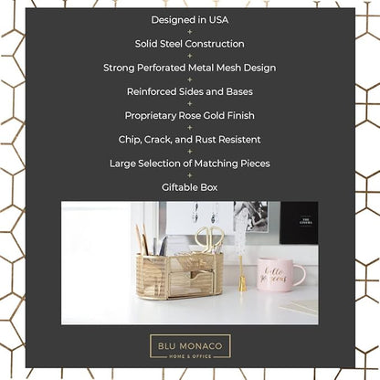 BLU MONACO | Gold Desk Organizer Set with Drawer | Metal Mesh Desk Accessories for Women | Stylish Desktop Organizer for Office Storage, Supplies & Small Stationery