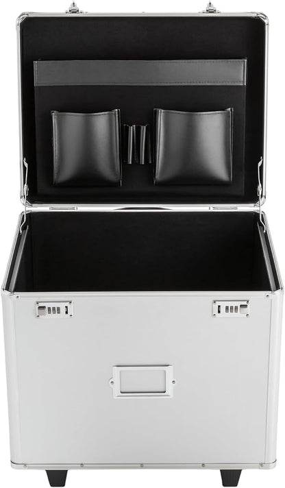 Modern Aluminum Alloy File Lock Box with Wheels and Telescopic Handle, Silver, Rectangular, Portable, Water Repellent, 19.2 x 15 x 16 inches, 7 Compartments, Locking Mobile Business Case