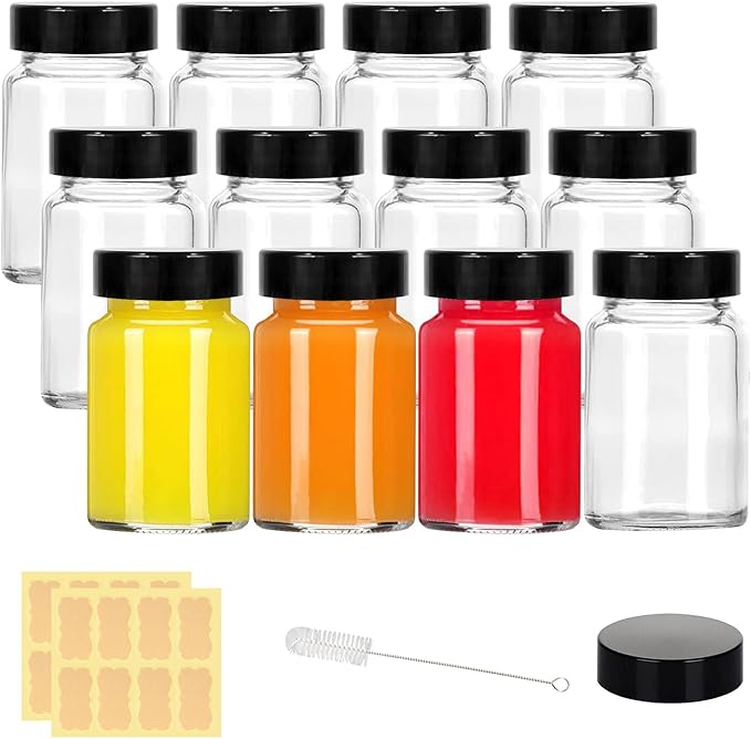 2 oz Small Clear Glass Bottles with Lids - 12 Pcs Wide Mouth Shot Bottles with Caps for Ginger Shots, Juice, Potion, Liquids, Whiskey - Mini Travel Bottles with Funnels, Stickers (12PCS-Clear)