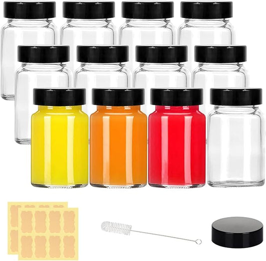 2 oz Small Clear Glass Bottles with Lids - 12 Pcs Wide Mouth Shot Bottles with Caps for Ginger Shots, Juice, Potion, Liquids, Whiskey - Mini Travel Bottles with Funnels, Stickers (12PCS-Clear)
