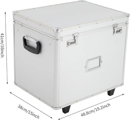 Modern Aluminum Alloy File Lock Box with Wheels and Telescopic Handle, Silver, Rectangular, Portable, Water Repellent, 19.2 x 15 x 16 inches, 7 Compartments, Locking Mobile Business Case