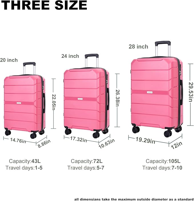 Travelhouse Luggage Sets, Hardside Suitcases 24in/28in, Carry on 20in,3 Piece Set Travel Luggages Clearance with Double Spinner Wheels TSA Lock Lightweight (Pink)
