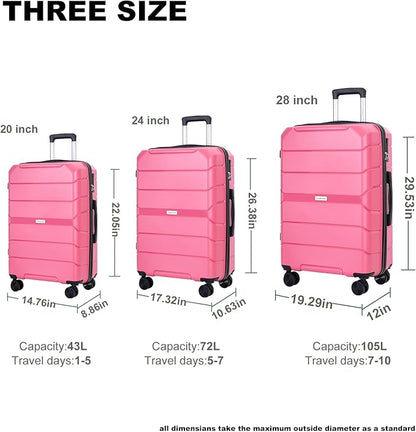 Travelhouse Luggage Sets, Hardside Suitcases 24in/28in, Carry on 20in,3 Piece Set Travel Luggages Clearance with Double Spinner Wheels TSA Lock Lightweight (Pink)