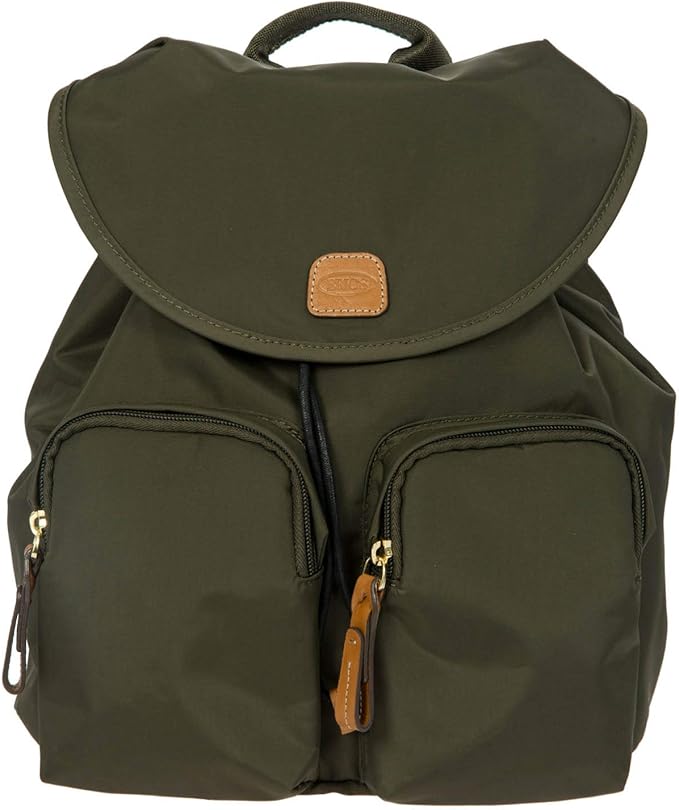 Bric's X-Travel Piccolo City Backpack 10", Water-Resistant Satin Nylon Daypack with Leather Details, Drawstring Closure, Adjustable Straps and Multi-Pocket Organization - Olive