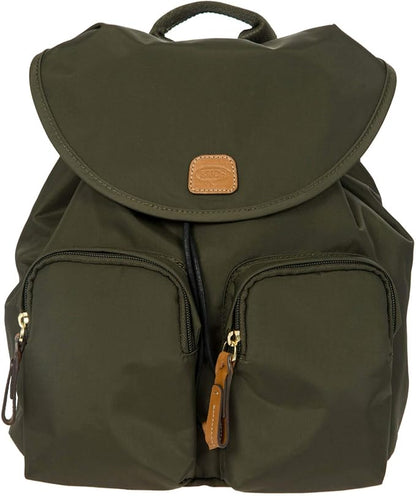 Bric's X-Travel Piccolo City Backpack 10", Water-Resistant Satin Nylon Daypack with Leather Details, Drawstring Closure, Adjustable Straps and Multi-Pocket Organization - Olive