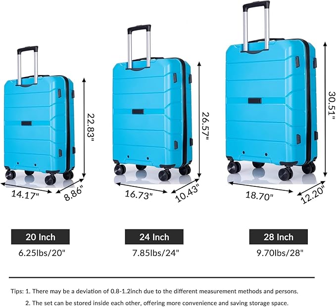 Luggage Sets Wear-Resistance Hardside Lightweight Suitcase Double Spinner Wheels, TSA Lock,Two Hooks, Scratch-resistant Carry-on,3 Piece Set(20inch 24inch 28inch) (Light Blue)