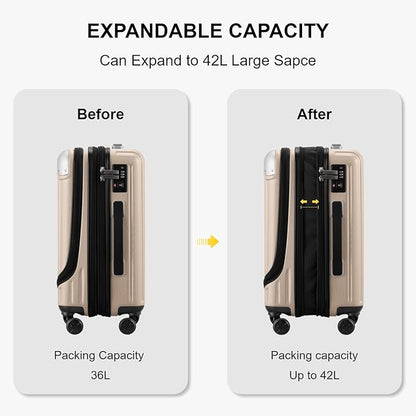 LEVEL8 Grace Carry on Luggage with Front Compartment, 20 Inch Expandable Hardside Suitcases with Wheels, Abs+Pc Harshell Spinner Luggages with Tsa Lock, Travel Bag for Women Men, Champagne