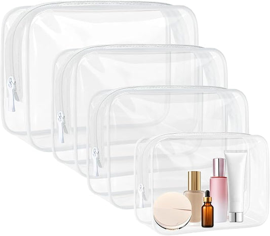 4 Pcs Clear Toiletry Bag, Portable Makeup Cosmetic Bags Pouch with Zipper, PVC Clear Travel Pouch for Women Men - White
