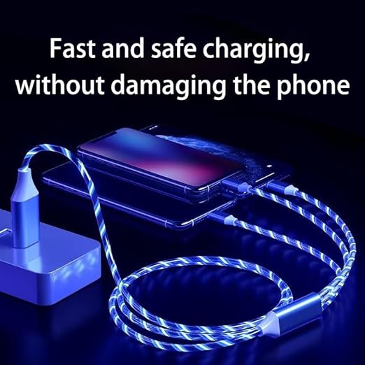 USB Cable PD Fast Charger Lighted Up (USB 3IN1 Blue),Phone Data Cable, Flowing Light Charging Cable, 39-inch, TPE Material, Compatible with Almost All Phones, Tablets, and Headphones.