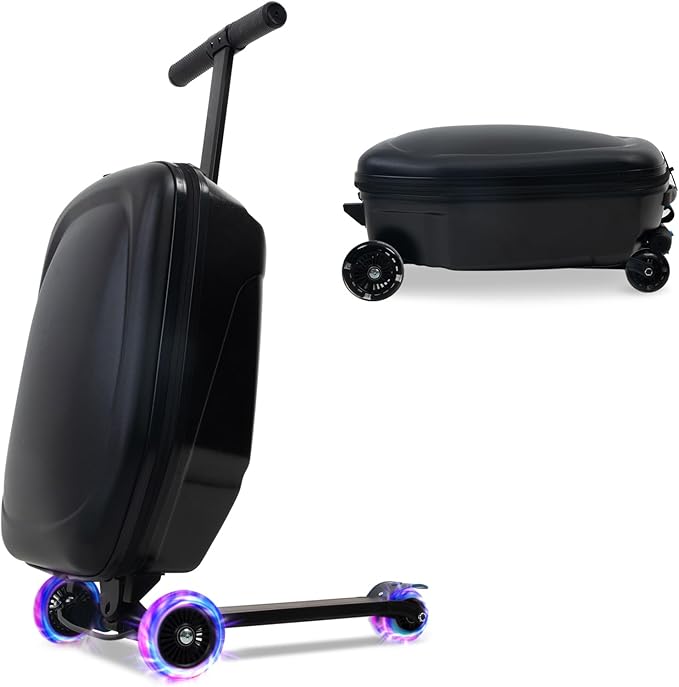Apelila 20" Scooter Suitcase for Kids, 2-in-1 Ride On Luggage with Wheels for Boys & Girls Ages 4-15, Foldable Hardshell Carry On Lightweight Travel Suitcase for Airplane (Gentle Black w/LED)
