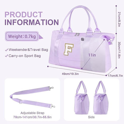 Dance Gym Duffel Bag for Teen Girls, Personalized Initial Travel Weekender Bag,Cute Overnight Carry On Duffle for Women,Sports Travel Cheer Bag,Monogram Christmas Gifts for Tween Preppy(purple-F)