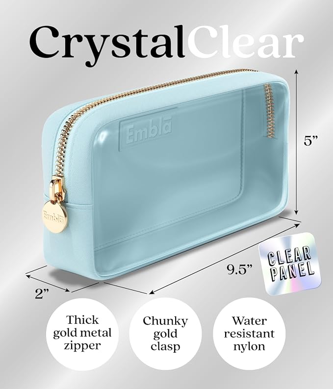 Embla London Makeup Bag Cosmetic Case, Clear Zipper Make Up Pouch and Toiletry Travel Tote, Cute Skincare Pouches for Women Girls, Preppy Purse Cosmetic Organizer, Small Makeup Bags, Sky Blue