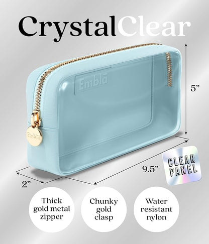 Embla London Makeup Bag Cosmetic Case, Clear Zipper Make Up Pouch and Toiletry Travel Tote, Cute Skincare Pouches for Women Girls, Preppy Purse Cosmetic Organizer, Small Makeup Bags, Sky Blue