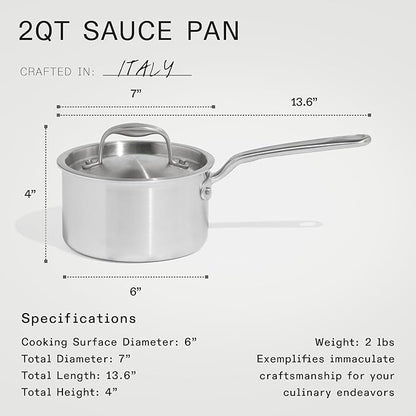 Made In Cookware - 2 QT Ceramic Non Stick Saucepan with Lid - 5-Ply Stainless Clad with Stay-Cool Handle - Professional Cookware - Crafted in Italy - Induction Compatible
