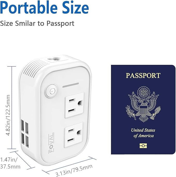 FOVAL Power Step Down 220V to 110V Travel Voltage Converter International Power Adapter for Hair Straightener/Curling Iron with 4-Port USB Charging US/UK/AU/EU Universal Plug Adapter (White)