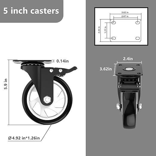 5 Inch Swivel Caster Wheels,Set of 4 Heavy Duty,Black Industrial Casters with Brake, Locking Casters for Furniture and Workbench for Cart,Top Plate Swivel Wheels and Load 2400lbs(Screws and a Spanner)