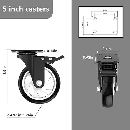 5 Inch Swivel Caster Wheels,Set of 4 Heavy Duty,Black Industrial Casters with Brake, Locking Casters for Furniture and Workbench for Cart,Top Plate Swivel Wheels and Load 2400lbs(Screws and a Spanner)