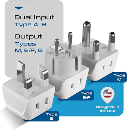 Ceptics African Travel Adapter Set 2 in 1 USA to Africa, S. Africa, Nigeria, Ghana, Uganda (Type M, E/F, Type G) - 3 Pack (Does Not Convert Voltage)