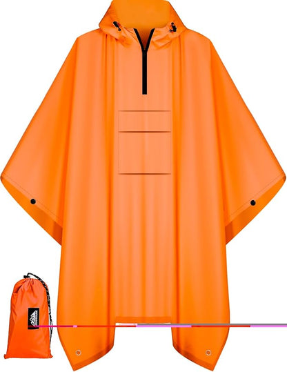 Bruvoalon 3-in-1 Rain Poncho with 1/4 Zip & Chest Pocket, Waterproof, Sunshade, Ground Mat for Adults & Youth Emergency