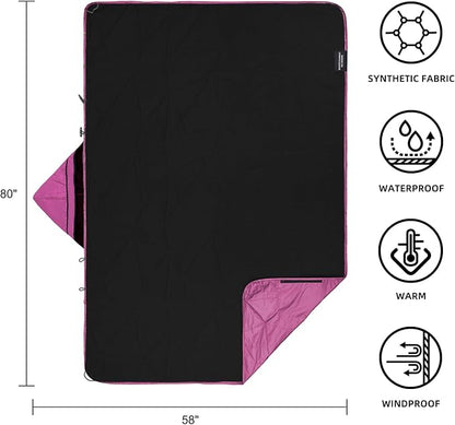 Outdoor Waterproof Blanket, Foldable Fleece Stadium Blanket for Outdoor Sports Event, Camping, Car, Pet, Picnics - Windproof, Wearable, Machine Washable 80" x 58" (Rose Purple,Hooded)
