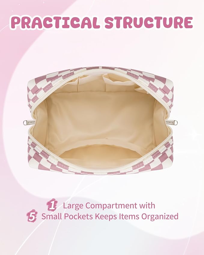 Narwey Birthday Gifts for Teen Girls Kids Women Personalized Initial Checkered Makeup Bag Pink Monogram Cosmetic Bag Trendy Stuff 6 8 10 11 12 13 14 16 18 Years Old Travel Toiletry Bag (Dusty Rose B)