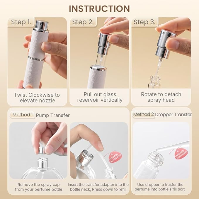 Perfume Atomizer, Rotary-Lift Nozzle, Cap-Free, Leather Refillable Spray Bottle, High-end Portable Dispenser, Travel Size TSA Approved 0.27oz/8 ml (White Purple)