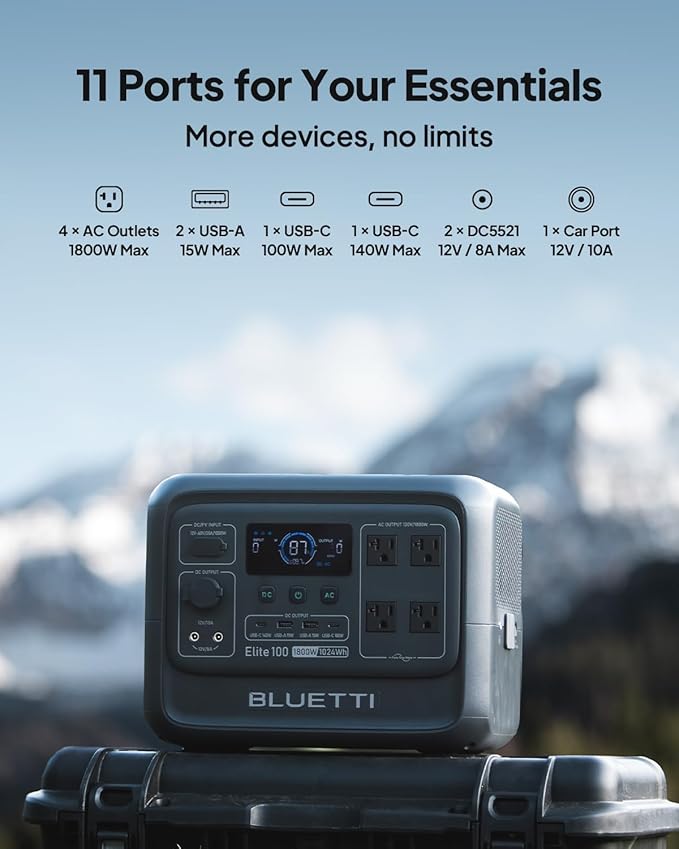 BLUETTI Solar Generator Elite 100 V2 (2025 New) with 2×100W Solar Panels Included, 1024Wh Portable Power Station w/ 2 1800W AC Outlets, 35% Smaller, Ideal for Camping, Emergencies, Backup Power