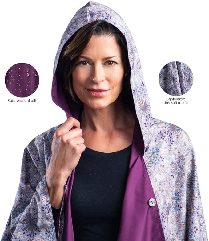 RainCaper Rain Poncho for Women - Reversible Rainproof Hooded Cape in Gorgeous Ultrasoft Colors (Plum/Wm Morris Hyacinth)