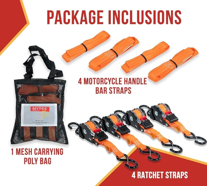 Mytee Products 1'' x 12' Retractable Ratchet Straps Kit with Safety Lock S Hook, 4 Soft Loops & Storage Bag - Self Ratcheting Tie Down Strap with 500 lbs WLL for Boat, Jet Ski, ATVs, Bikes - Orange