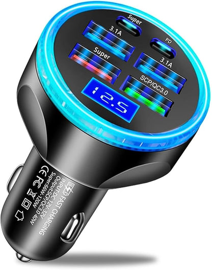 Full PD 30W Multi Port USB C Car Charger Adapter 6 in 1 with Voltage Display, PD4.0/QC4.0/PPS/AFC Super Fast Charging Cigarette Lighter Adapter with Volt Meter for MacBook iPhone Galaxy Android Phones