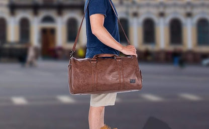 Leather Travel Bag with Shoe Pouch, Waterproof Weekender Overnight Bag,Carry On Duffel Bag for Men Women-Brown