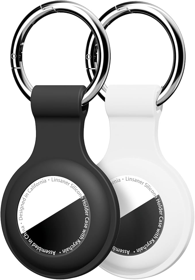 [2 Pack] for AirTag Holder with Keychain, Shockproof Silicone Case for Apple for Air Tag - Protective Cover Durable GPS Tracker Accessories for Keys, Pets, Luggage & Backpacks (Black/White)