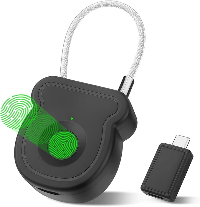 Fingerprint Padlock Lock with Key Backup, Biometric Metal Keyless Thumbprint Lock, Waterproof, USB Rechargeable, for Gym Locker, School Locker, Luggage, Backpack, Suitcase