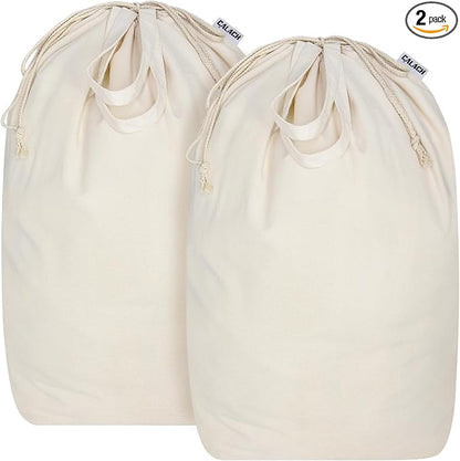 Canvas Laundry Bags with Handles & Square Base13.8"x 13.8", Large Heavy Duty Laundry Hamper Bag, College Dorm Washable Drawstring Cotton Dirty Clothes Sack (Beige,2 Pack)