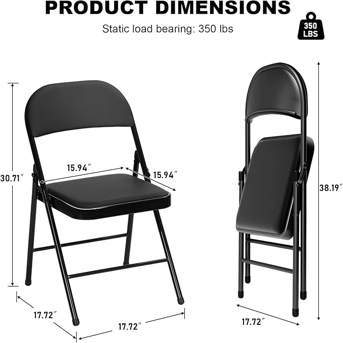 6 Pack Black Folding Chairs with Padded Cushion for Outside, Portable Stackable Commercial Metal Foldable Chairs with Steel Frame for Party Home Events Office Wedding, 350lbs Capacity