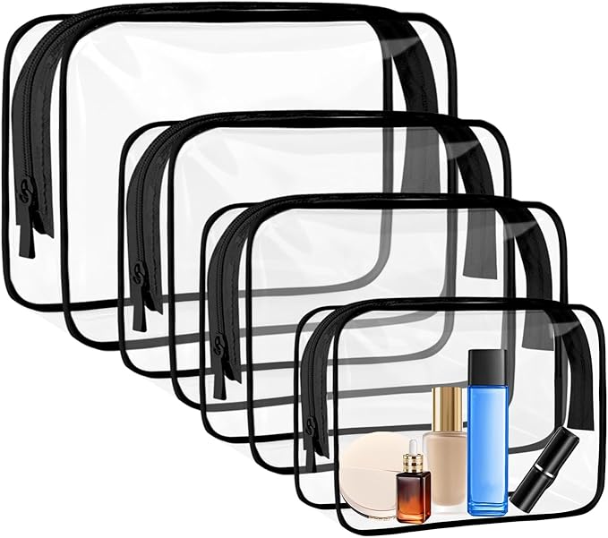 4 Pcs Clear Toiletry Bag, Portable Makeup Cosmetic Bags Pouch with Zipper, PVC Clear Travel Pouch for Women Men - Black