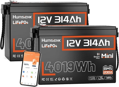 HumsiENK 12V 314Ah (300Ah) LiFePO4 Lithium Battery Bluetooth MINI, 2PACK Built-in 200A BMS, Max. 4190Wh Energy, EV A+ Cells 15000 Deep Cycles Batterys for RV, Marine, Solar