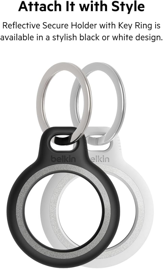 Belkin Apple AirTag Reflective Secure Holder With Key Ring - Apple AirTag Keychain - AirTag Holder - AirTag Keychain Accessories - Reflective & Scratch Resistant AirTag Case With Raised Edges - White