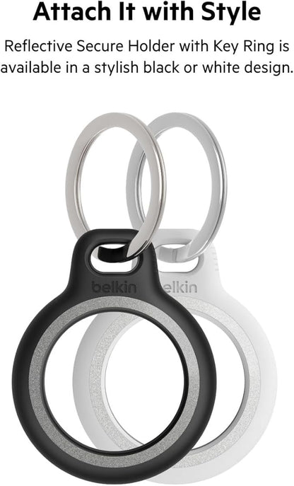 Belkin Apple AirTag Reflective Secure Holder With Key Ring - Apple AirTag Keychain - AirTag Holder - AirTag Keychain Accessories - Reflective & Scratch Resistant AirTag Case With Raised Edges - White
