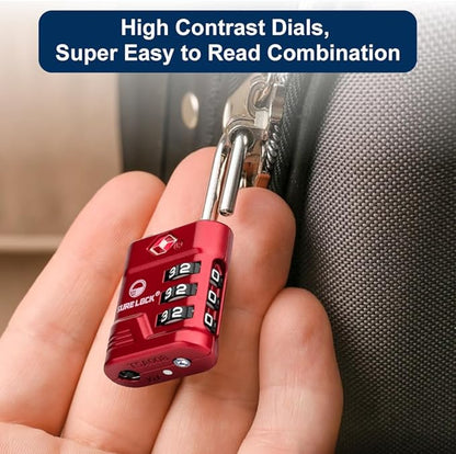 SURE LOCK TSA Locks for Luggage, TSA Approved Luggage Locks with Open Alert, TSA008 Key for High Security, Easy Read Dials, Zinc Alloy Body, Locker Lock for Suitcase, Gym, Travel(Red 2 pk)
