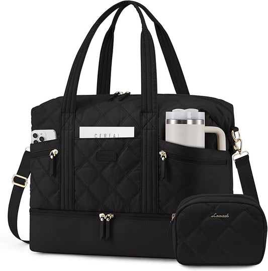 LOVEVOOK Travel Duffle Bag, Lightweight Weekender Bags for Women with Shoe Compartment, 40L Puffer Gym Bag Personal Item Travel Bag, Overnight Bags and Hospital Bag for Labor and Delivery, Black