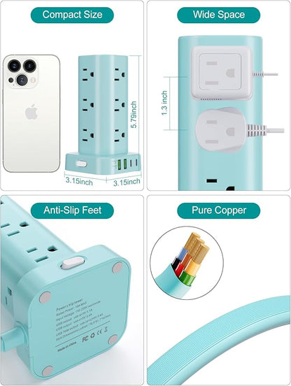 Power Strip Tower with Multiple Outlets, Flat Plug Surge Protector Tower Extension Cord with 12 AC Outlets 4 USB Ports (2 USB C), 6FT Cord Power Tower Surge Protector for Home Office Dorm Room, Blue