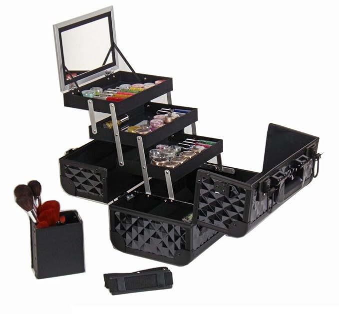 SHANY Premier Fantasy Professional Makeup Train Case Cosmetic Box Portable Make up Case Organizer Jewelry storage with Locks, 3 Trays, Makeup Brush Holder and Cosmetics Mirror - Black Diamond